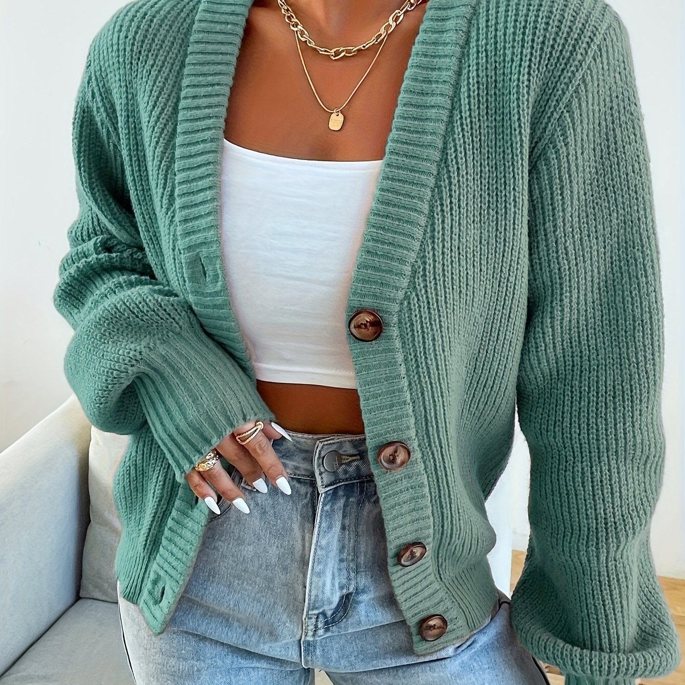 TEMU Damski Sweter Kardigan z Długim Rękawem, Prosty, Luźny, z Dekoltem w Serek, Jednokolorowy, na Jesień i Zimę