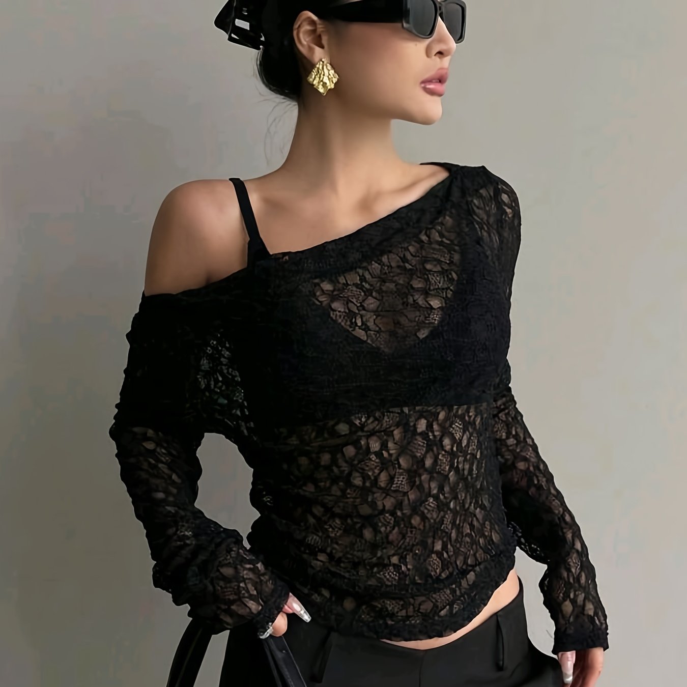 TEMU Damski Y2K Asymetryczny Krótki Żakiet z Jednym Ramieniem – Półprzezroczysta Bluza w Stylizacji Koronkowej, Dopasowany Czarny Top na Każdą Porę