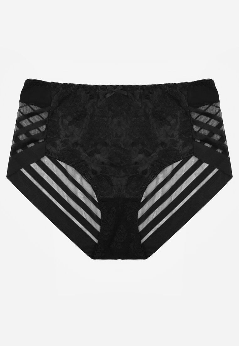 Czarne Majtki Figi z Wysokim Stanem Zdobione Koronką i Siateczką Helieth