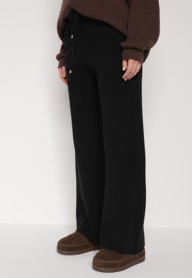 Czarne Dzianinowe Spodnie o Szerokim Kroju ze Sznurkami Melatusa