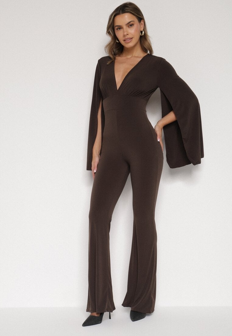Brązowy Długi Kombinezon z Szerokimi Rękawami i Odkrytymi Plecami Dasima