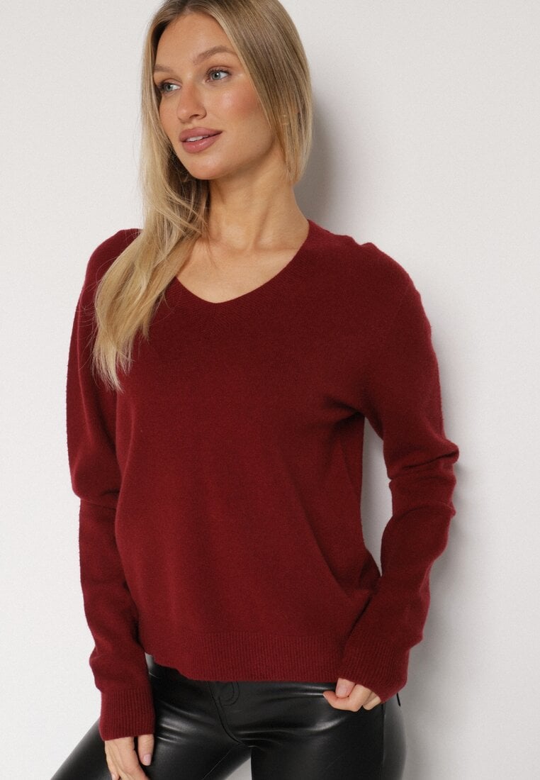 Bordowy Sweter z Wiskozą i Wełną z Dekoltem w Serek Claida