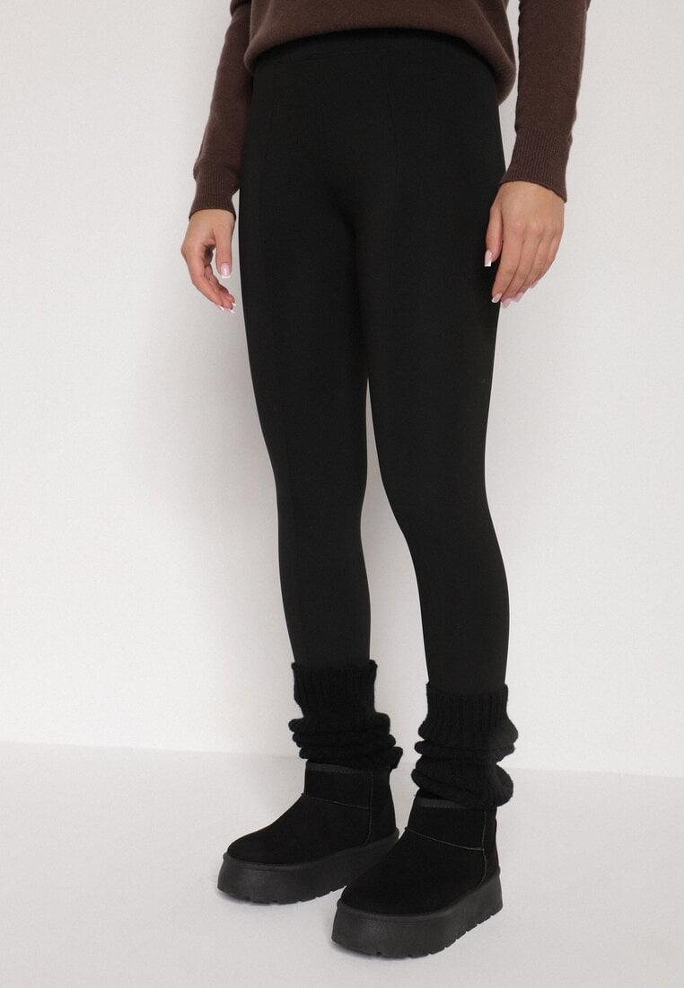 Czarne Gładkie Legginsy z Wysokim Stanem Ociepleniem i Zapiętkami Ferisanna