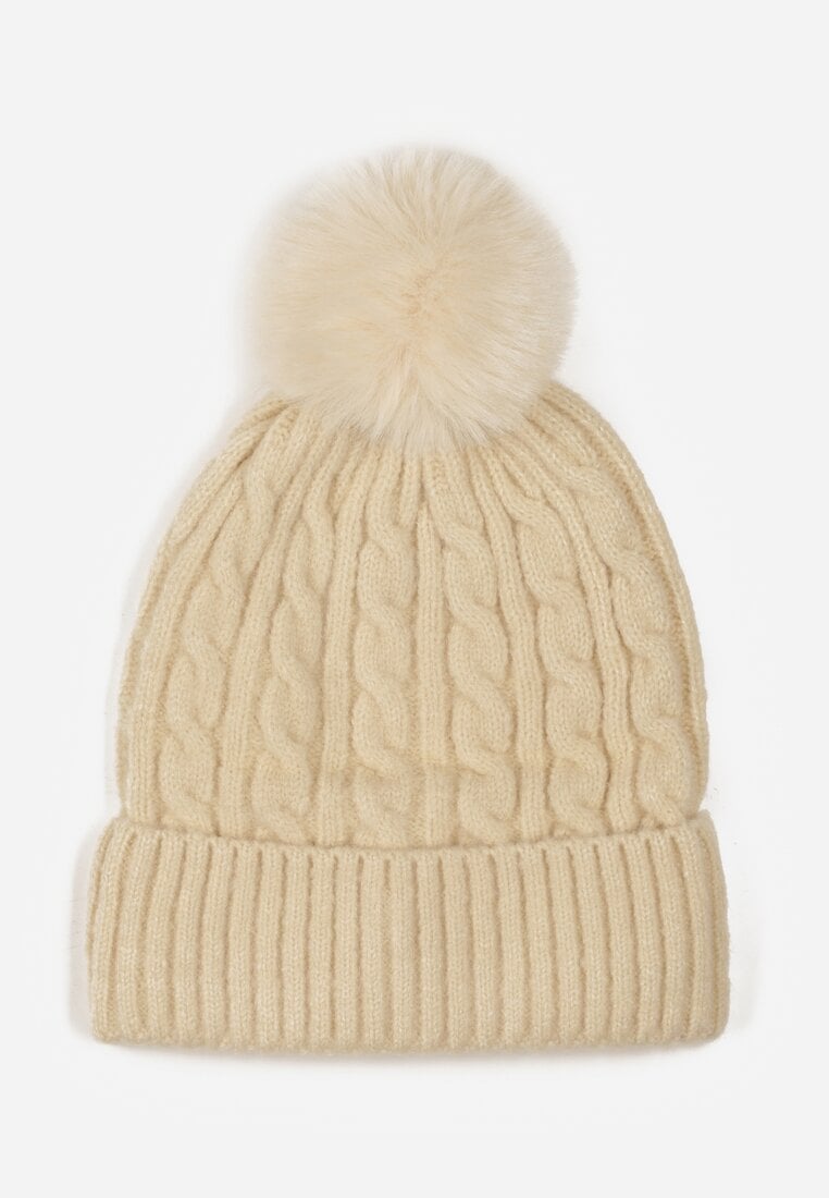 Beżowa Czapka w Warkoczowy Splot z Pomponem Vetisare