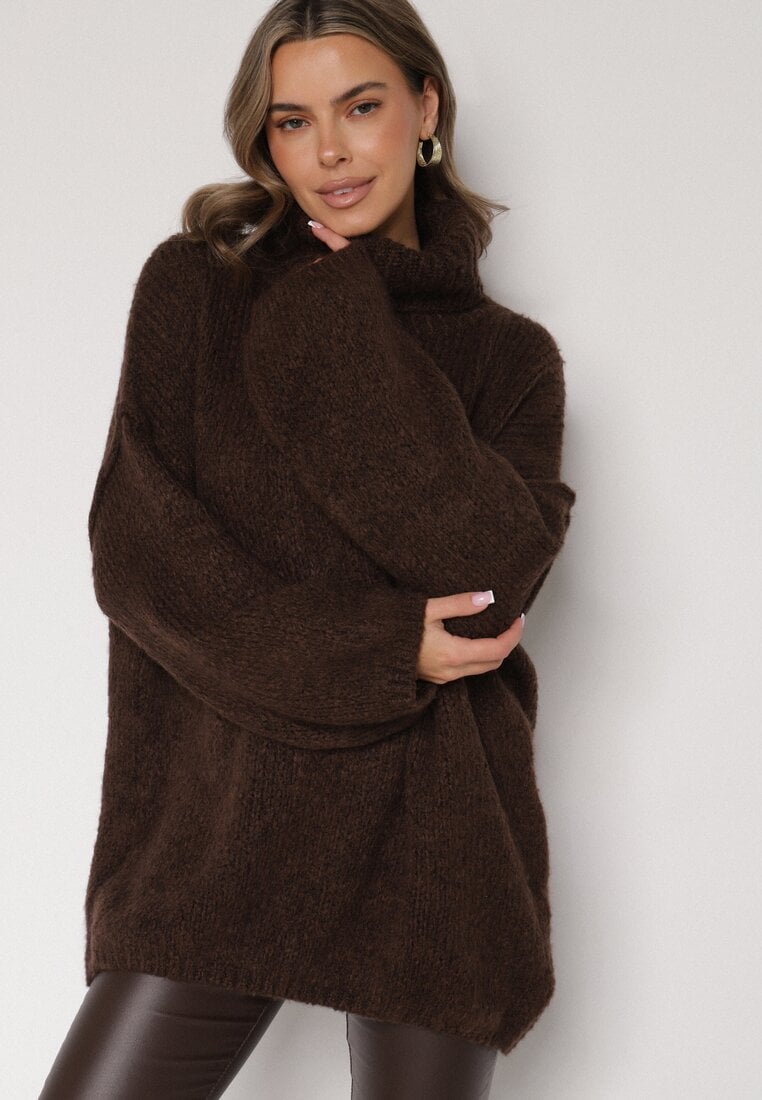 Brązowy Gładki Golf Oversize z Domieszką Wełny i Wiskozy Nerafera