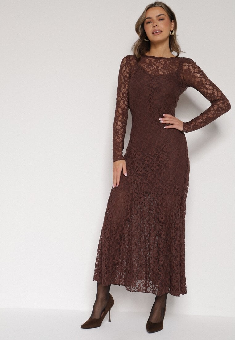 Brązowa Koronkowa Sukienka Taliowana z Odkrytymi Plecami Talifera