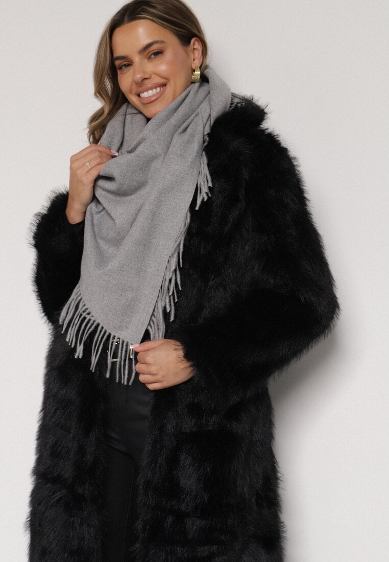 Szary Trójkątny Szalik z Wiskozy i Bawełny z Frędzlami Vetirala