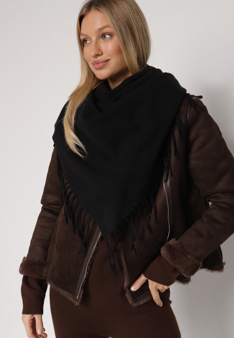 Czarny Gładki Szalik z Frędzlami Vetiela