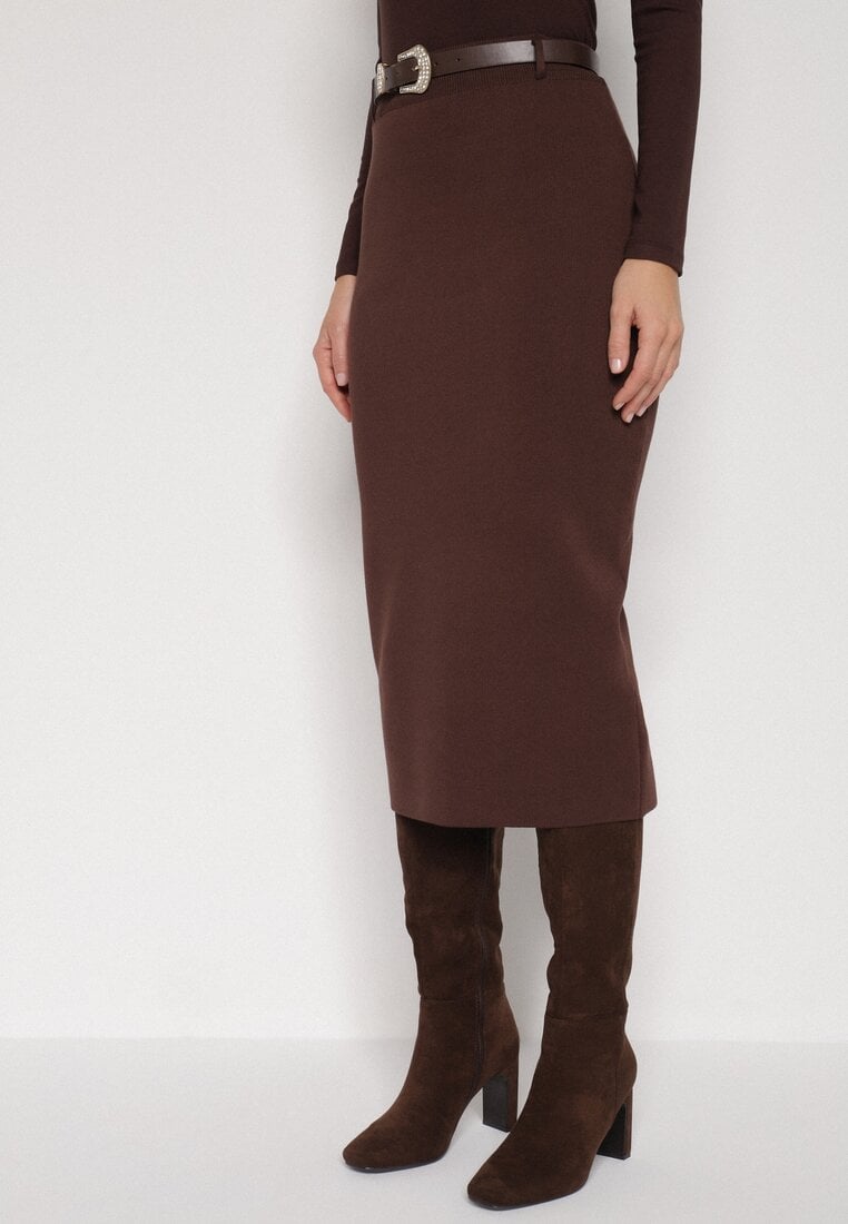 Brązowa Ołówkowa Spódnica z Wiskozą Zdobiona Rozcięciem i Paskiem Rowedela