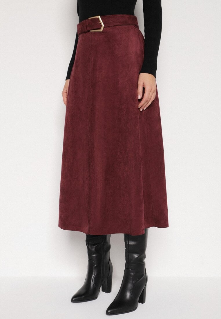 Bordowa Rozkloszowana Wiskozowa Spódnica z Bawełną Ozdobiona Paskiem Nawedea