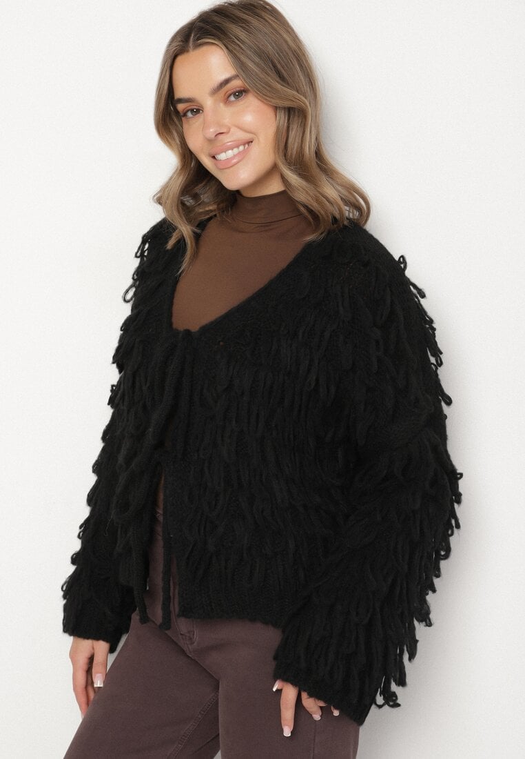 Czarny Wiązany Kardigan z Dodatkiem Wełny i Wiskozy Zdobiony Frędzlami Tiravea