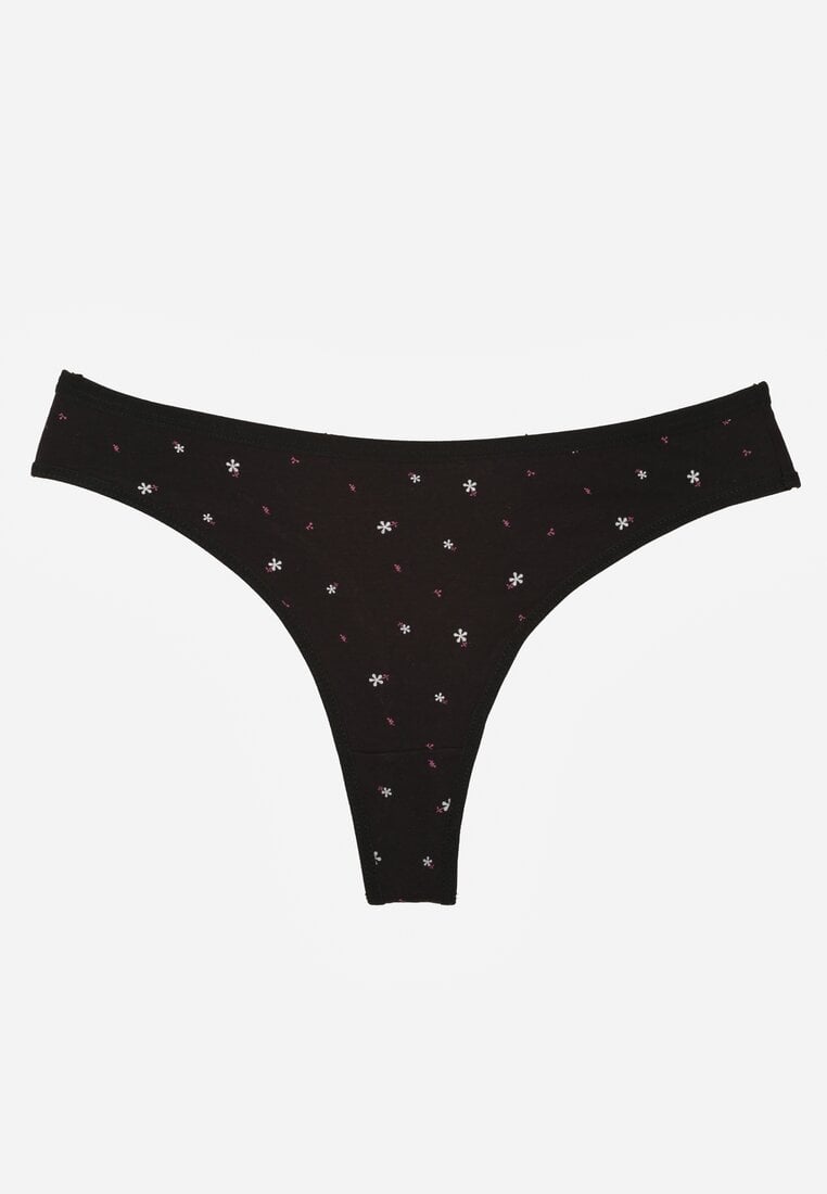 Czarne Majtki Stringi z Bawełną w Kwiaty Calylia