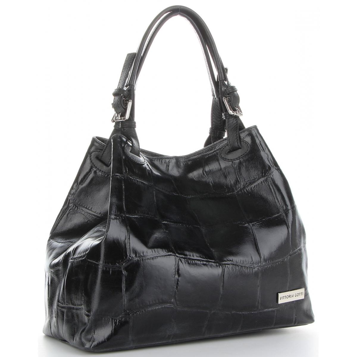 Vittoria Gotti Firmowa Torebka Skórzana Włoski Shopper w modny motyw Żółwia Czarna
