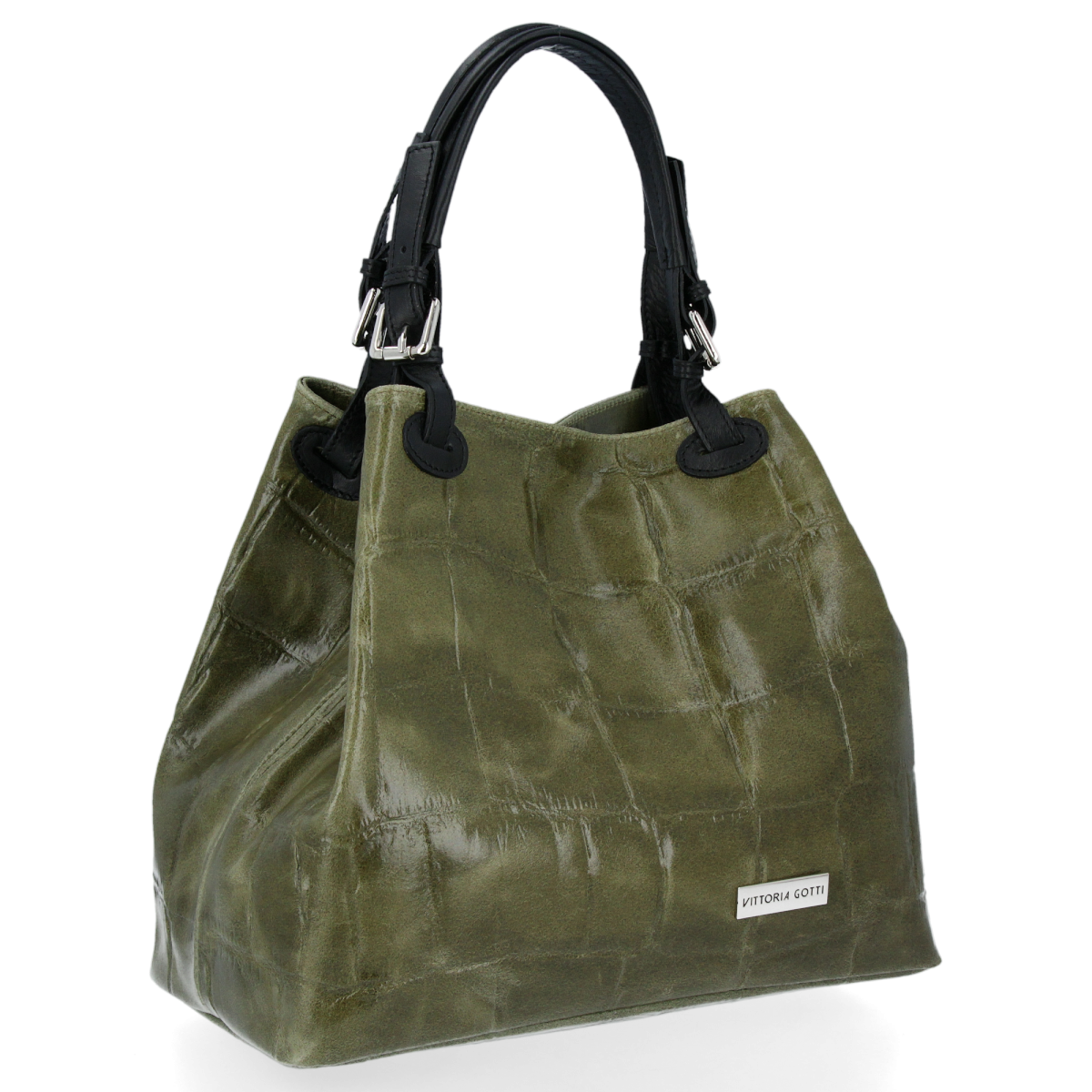 Vittoria Gotti Firmowa Torebka Skórzana Włoski Shopper w modny motyw Żółwia Khaki