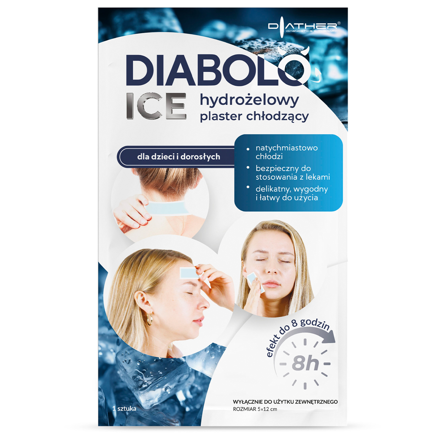 Diather Diabolo Ice, hydrożelowy plaster chłodzący dla dzieci i dorosłych, 5 x 12 cm, 1 sztuka