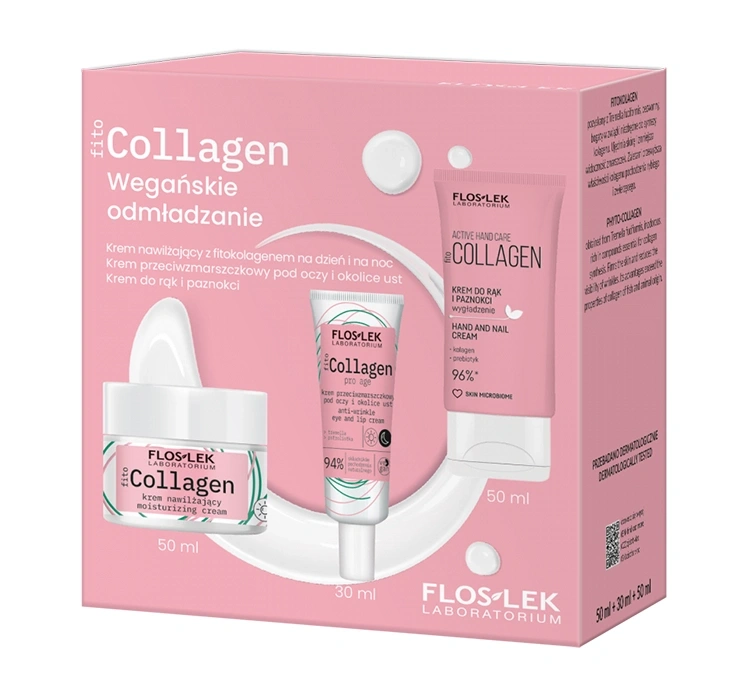 Floslek Fito Collagen Wegańskie Odmładzanie zestaw kosmetyków do pielęgnacji krem nawilżający 50 ml + krem przeciwzmarszczkowy pod oczy 30 ml + krem