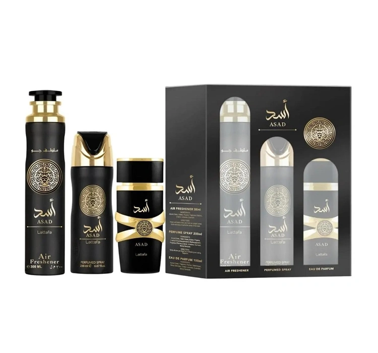 Lattafa Asad woda perfumowana spray 100 ml + dezodorant spray 200 ml + odświeżacz powietrza 300 ml