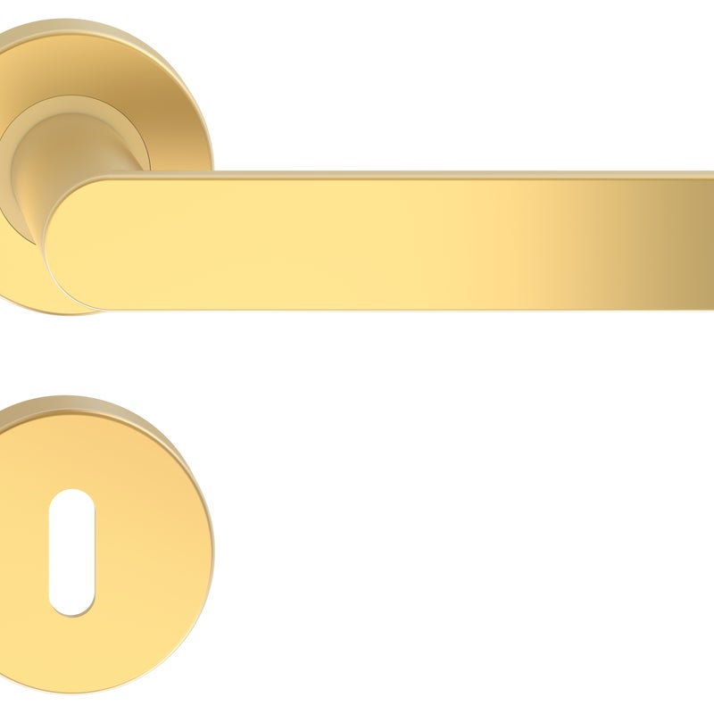 Klamka do drzwi wewnętrznych na rozecie Comfy z szyldem na klucz mosiądz matowy METALBUD