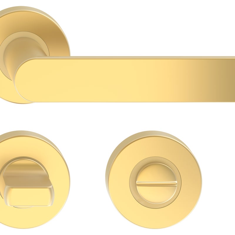 Klamka do drzwi wewnętrznych na rozecie Comfy z szyldem do blokady WC mosiądz matowy METALBUD