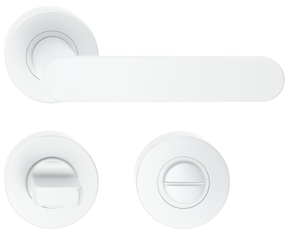 Klamka do drzwi wewnętrznych na rozecie Comfy z szyldem do blokady WC biała METALBUD