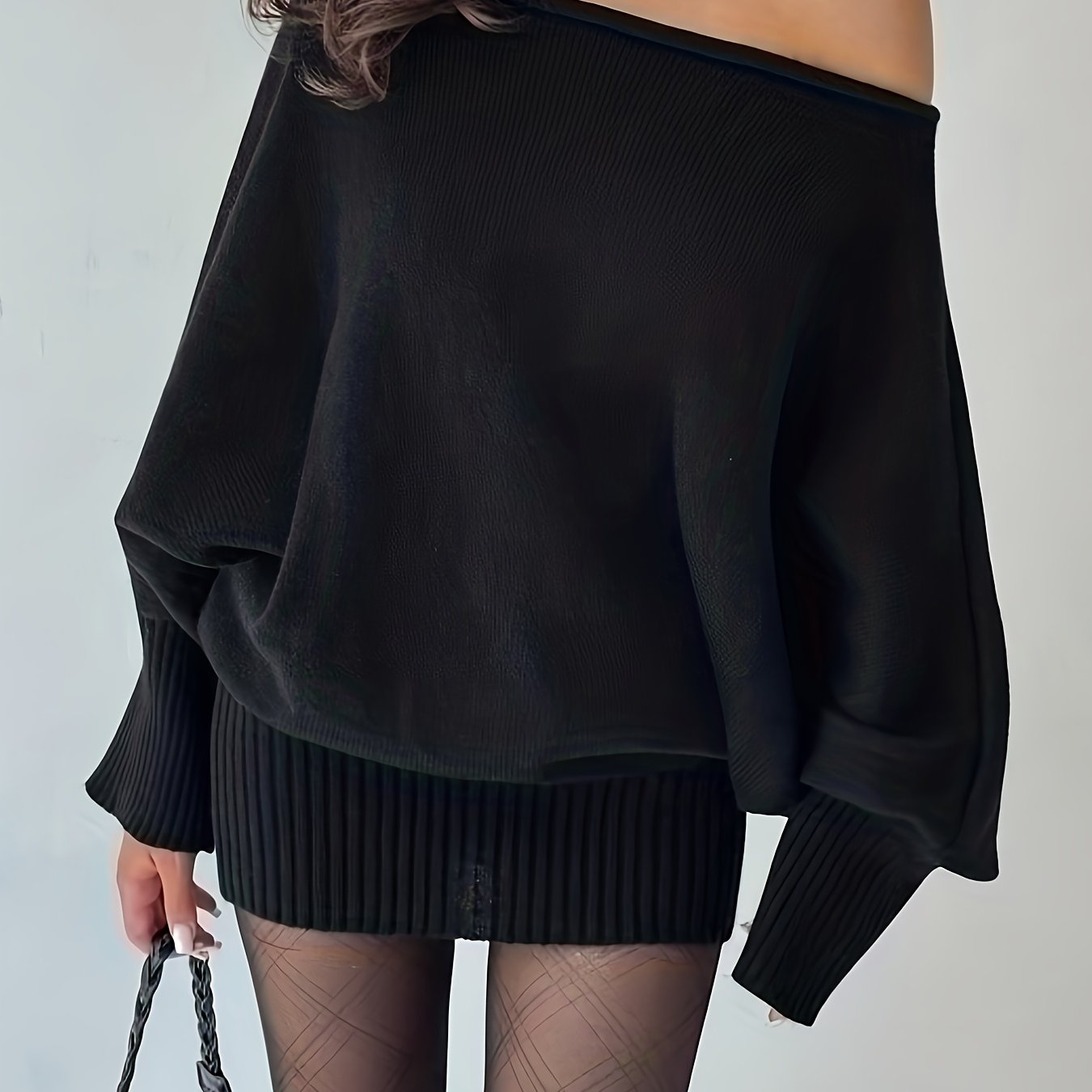 TEMU Sweter damski zimowy - dekolt off-shoulder/łódka, luźny krój, sylwetka H-line, jednokolorowa bluzka z długim rękawem, elegancka i casualowa