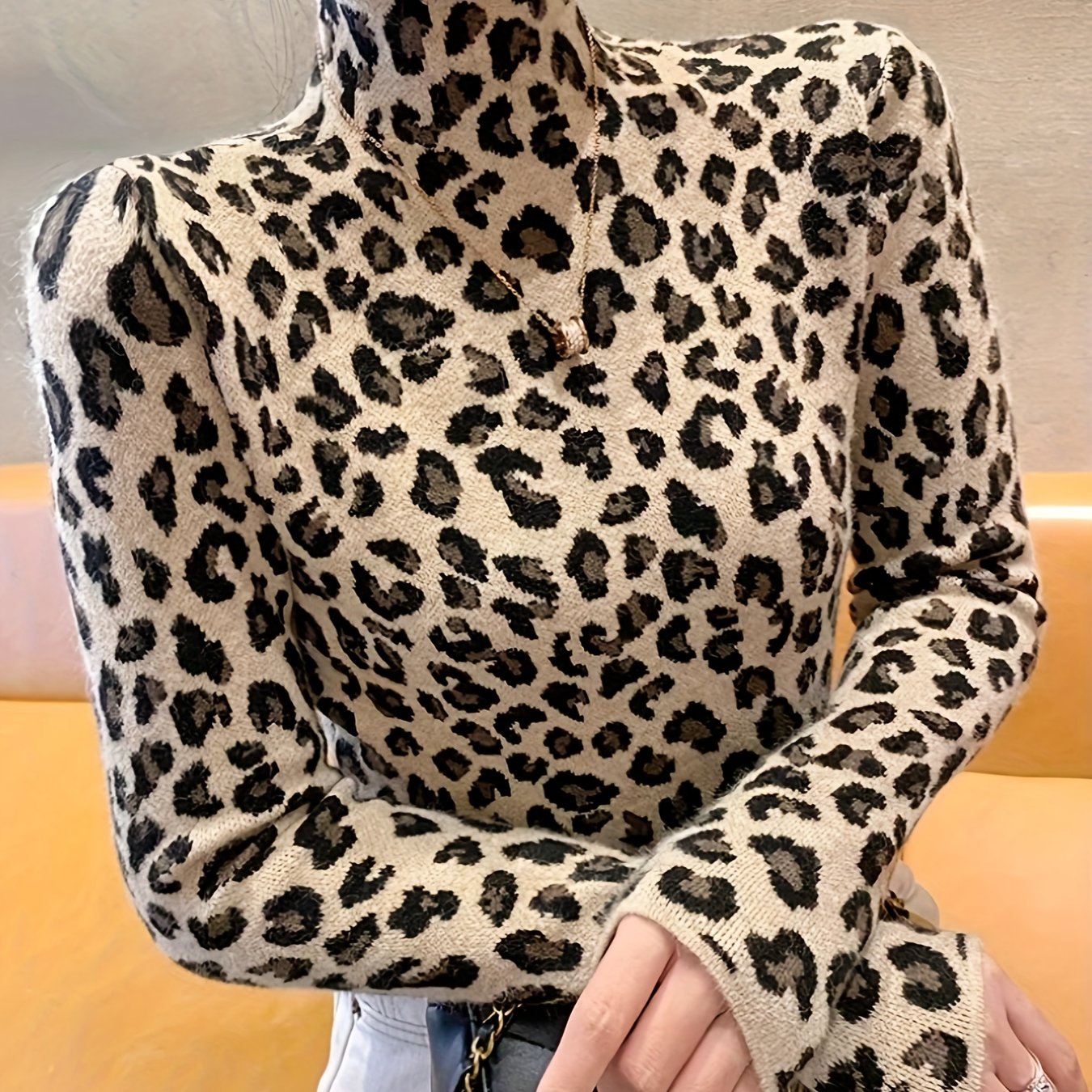 TEMU Sweter Damski w Leopard Print – Wysoki Kołnierz, Długie Rękawy z Zielono-Czarnym Wzorem Zwierzęcym, Średnio Elastyczny, Pranie Maszynowe,