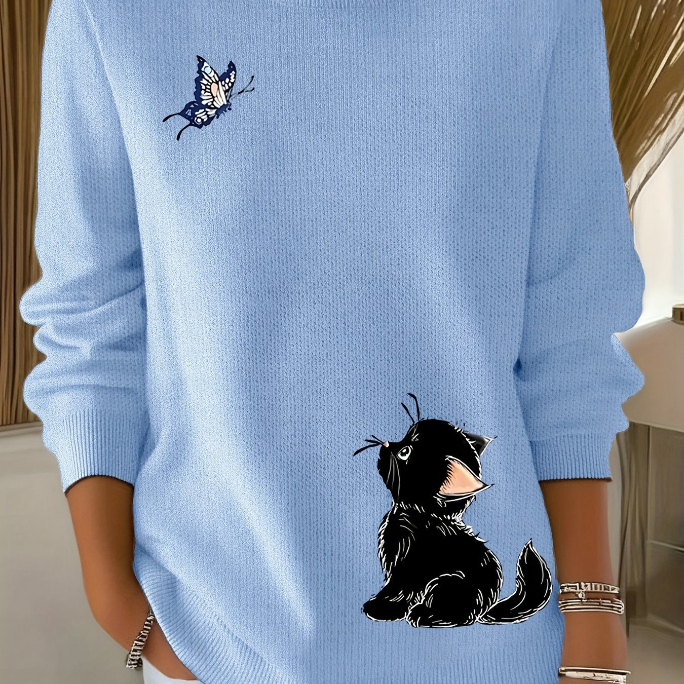 TEMU Damski sweter casualowy - Luźny sweter z długim rękawem i okrągłym dekoltem Wygodny, elastyczny materiał, teksturowany wzór, trwały, modna