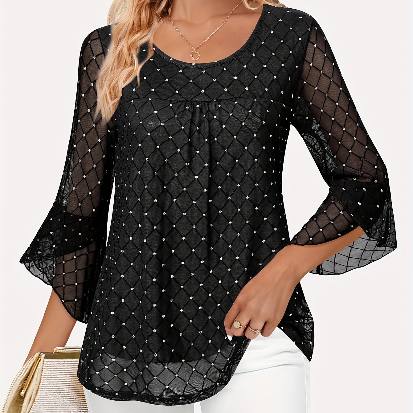 TEMU Eleganckie Bluzki Damskie z Falbankami 3/4 Rękaw, Dekolt Okrągły, Podwójna Warstwa, Tunika z Siatki