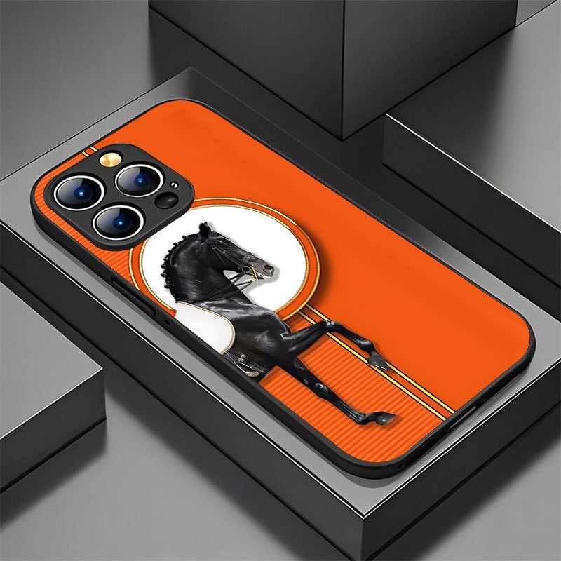 TEMU Etui na telefon: Luksusowe pomarańczowe okrągłe patchworkowe etui z szlachetnym czarnym koniem, ochrona obiektywu, kompatybilne z iPhone 16 Pro