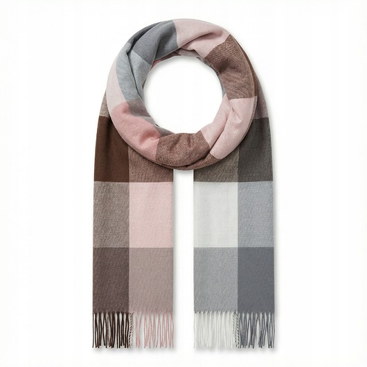 Szalik Damski kaszmirowy w kratkę różowy brązowy kolorowy szal prezent