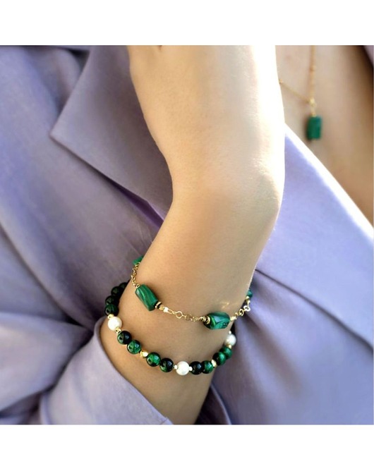 Bransoletka Łańcuszkowa z Zielonymi Kamieniami Malachitami JUNGLE