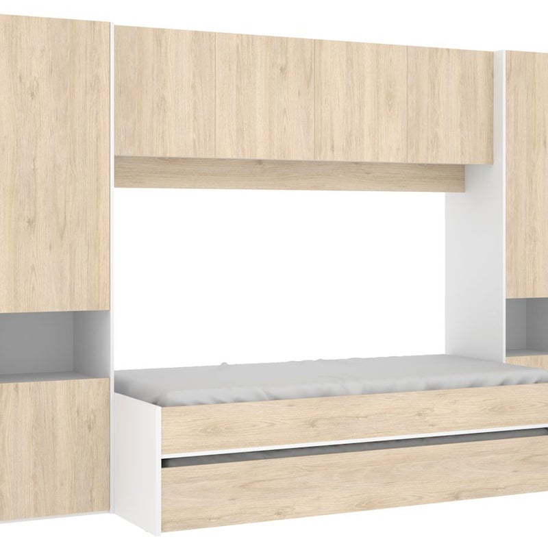 Wysuwane łóżko SELENA z zabudową – 90 × 190 cm – kolor: dębowy i biały
