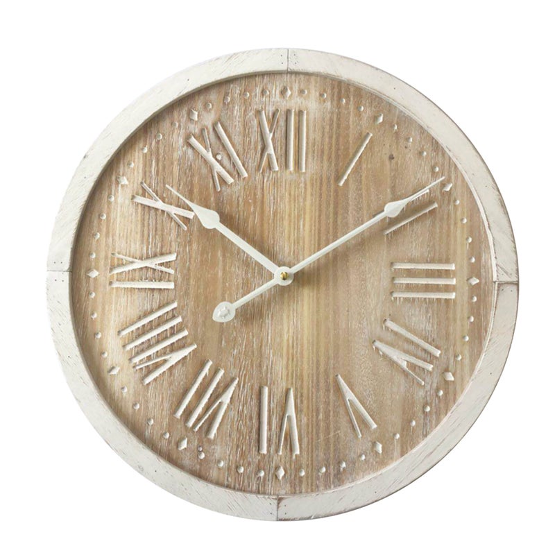 Rebecca Mobili Zegar ścienny, zegary designerskie, styl retro, biały jasnobrązowy, drewno MDF, cyfry rzymskie 40 cm