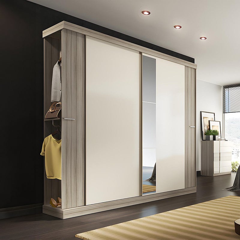 Szafa - Podwójne drzwi przesuwne - z lustrem - dł.231 cm - Kolor: naturalny i kość słoniowa - ADALRIK II