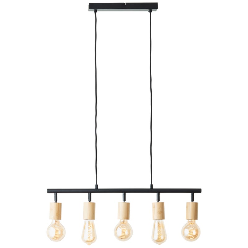 Lampa wisząca Tiffany bar 5 żarówek czarny mat/naturalny metal/brązowy plastik 5x A60, E27, 28 W