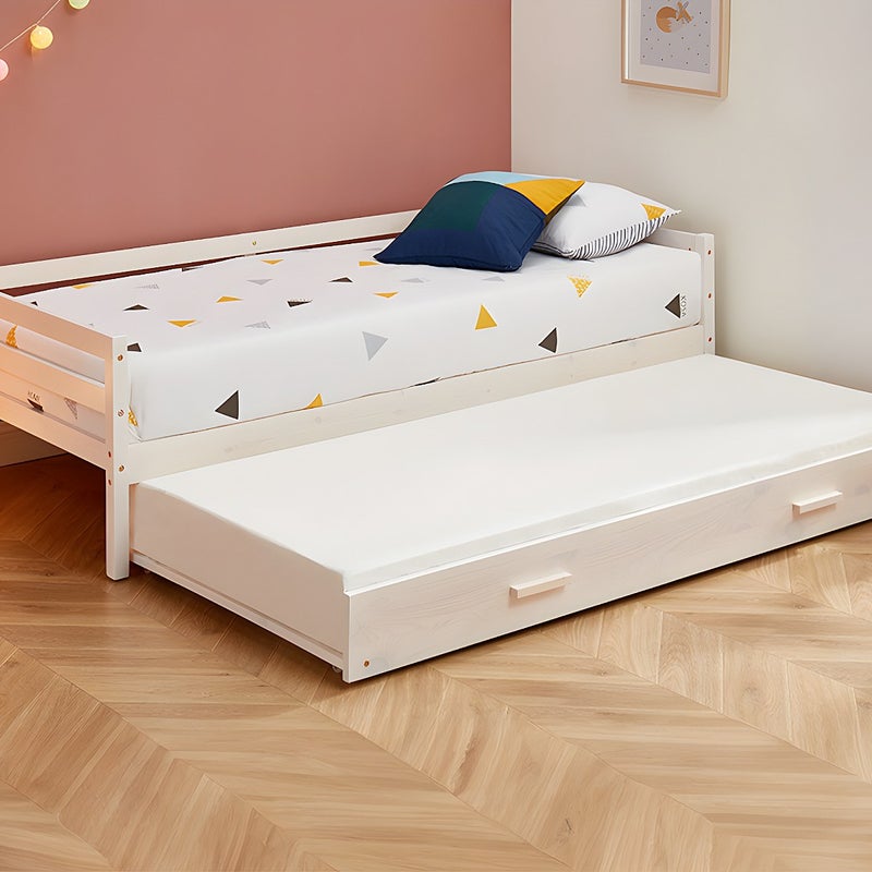 Łóżko wysuwane – 2 × 90 × 190 cm – lite drewno sosnowe i MDF – kolor biały, z materacem w zestawie - AEDAN II