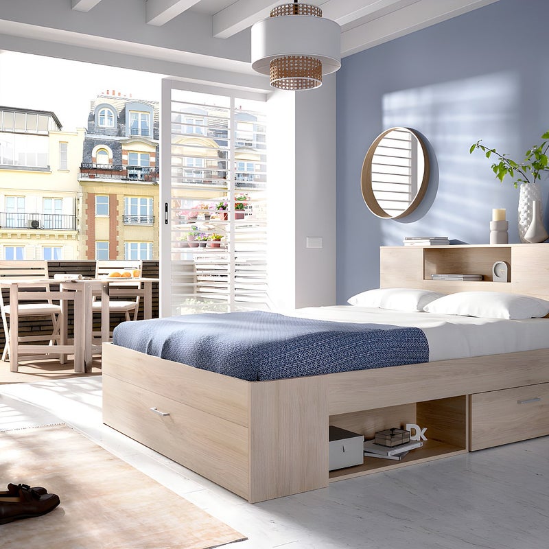 Łóżko z zagłówkiem, ze skrzynią i szufladami – 160 × 200 cm – kolor: naturalny - LEANDRE