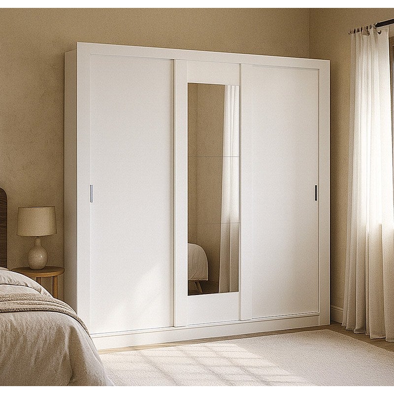 Szafa z lustrem ROXANE – 3 pary drzwi przesuwanych – Długość 220 cm – Kolor biały