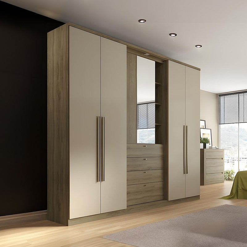 Szafa ISAK II - 4 drzwi - Lustro i szuflady - dł.240 cm - Kolor: dąb i kość słoniowa