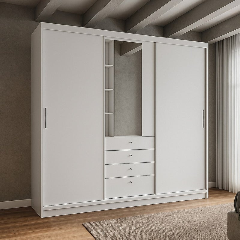 Szafa 2 drzwi przesuwne - Lustra i szuflady - Dł. 240 cm - Kolor biały - BODIL