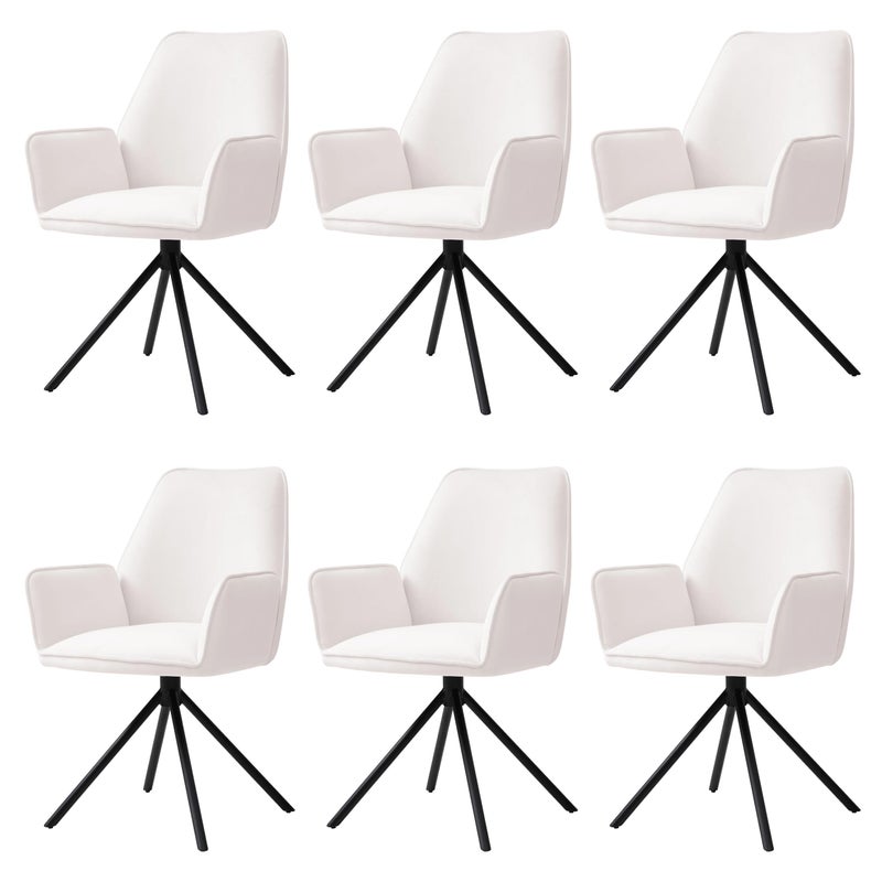 Zestaw 6 krzeseł do jadalni HWC-G67, podłokietnik krzesła kuchennego, automatyczna pozycja obrotowa, aksamit MVG ~ kremowo-beżowy, czarne nogi