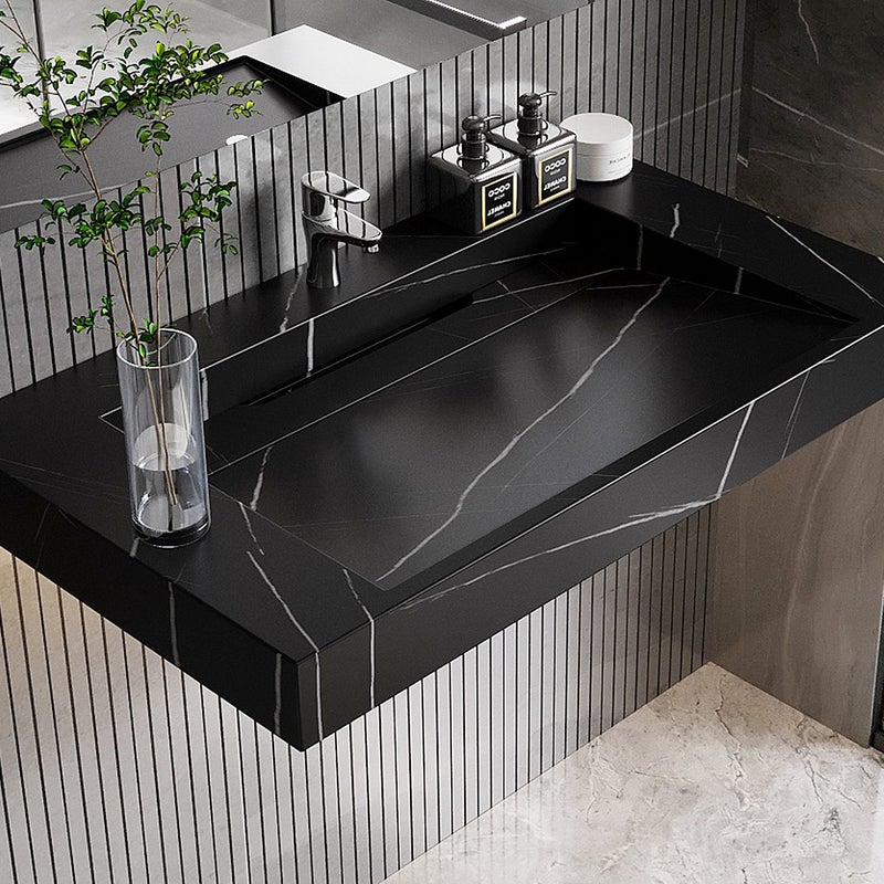 Umywalka podwieszana TAKOTNA z twardego materiału marmuropodobnego w kolorze czarnym – 90,2 × 45,2 × 8 cm (dł. × szer. × wys.