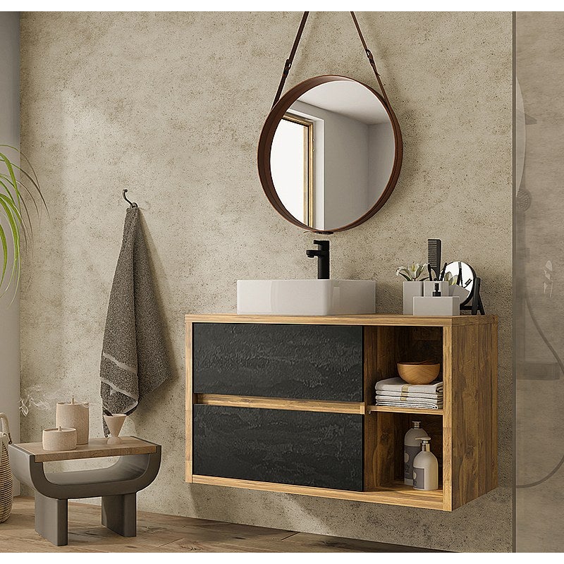 Szafka łazienkowa wisząca z pojedynczą umywalką, w kolorze naturalnym i antracytowym – 100 cm - TIKITIKI