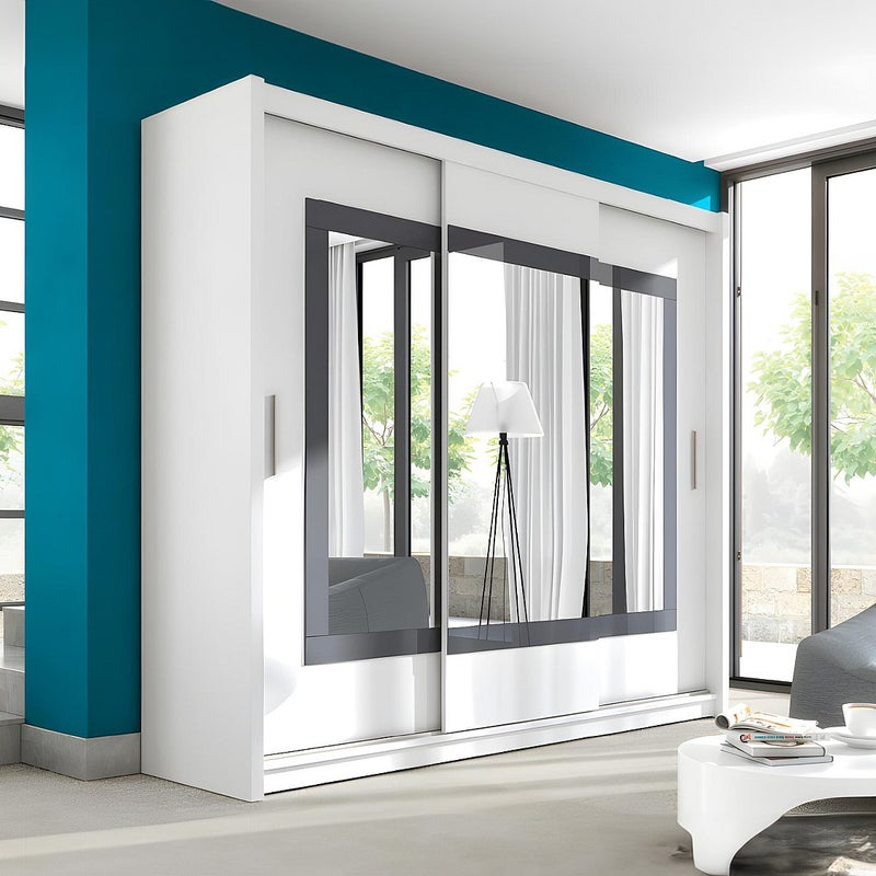 Szafa z 3 drzwi przesuwnymi - Z lustrem - Dł. 250 cm - Kolor: Biały - AUTLAN