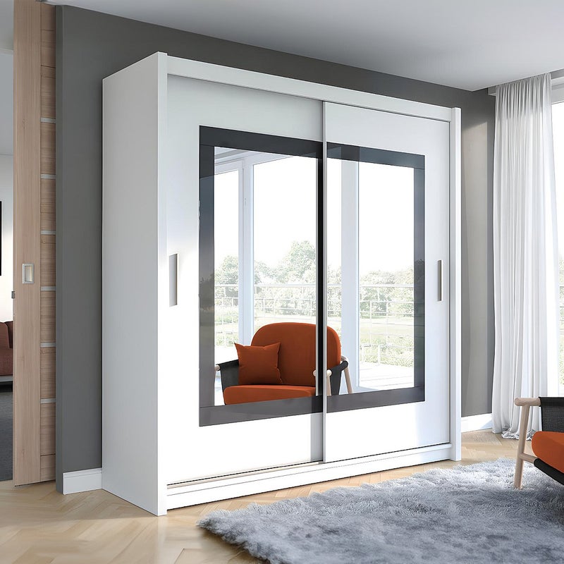 Szafa z 2 drzwiami przesuwnymi - Z lustrem - Dł. 203 cm - Kolor: Biały - AUTLAN