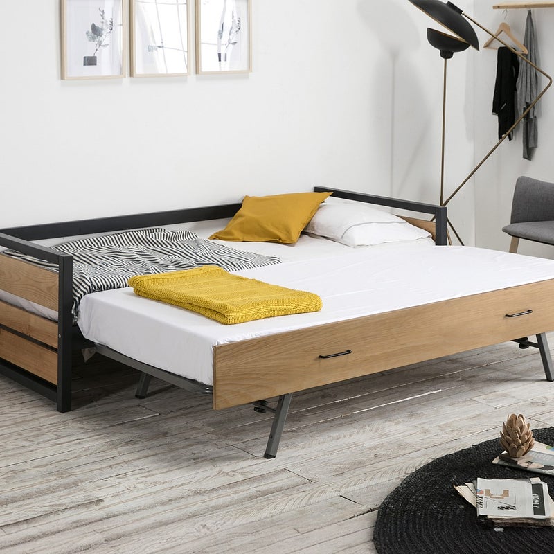 Wysuwane łóżko BOSTON w industrialnym stylu – 2 × 90 × 190 cm – MDF, drewno sosnowe i metal, z materacem