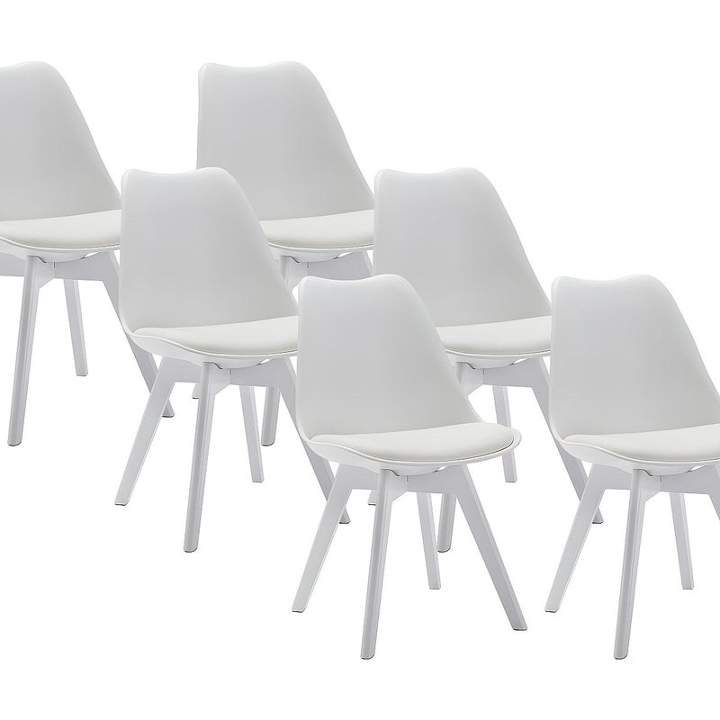 Zestaw 6 krzeseł JODY – polipropylen i drewno bukowe – kolor biały z białymi nogami