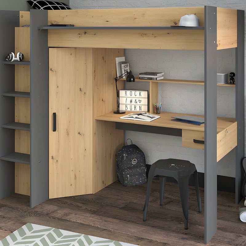 Łóżko z antresolą z biurkiem i szafą – 90 × 200 – kolor naturalny i antracytowy, materac w zestawie - AUCKLAND