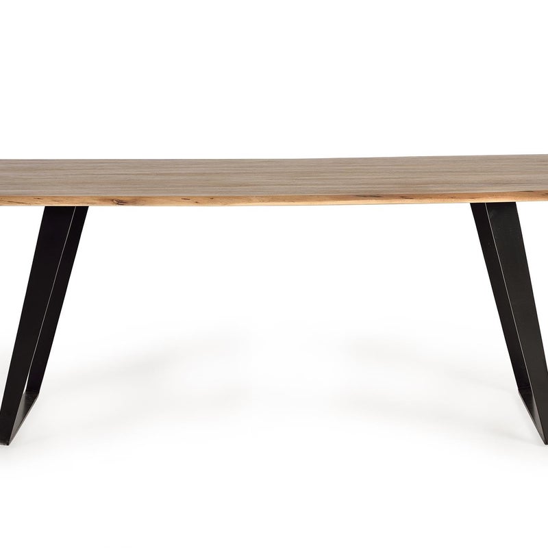 Stół żłobkowy z naturalnego drewna akacjowego i czarnymi metalowymi nogami