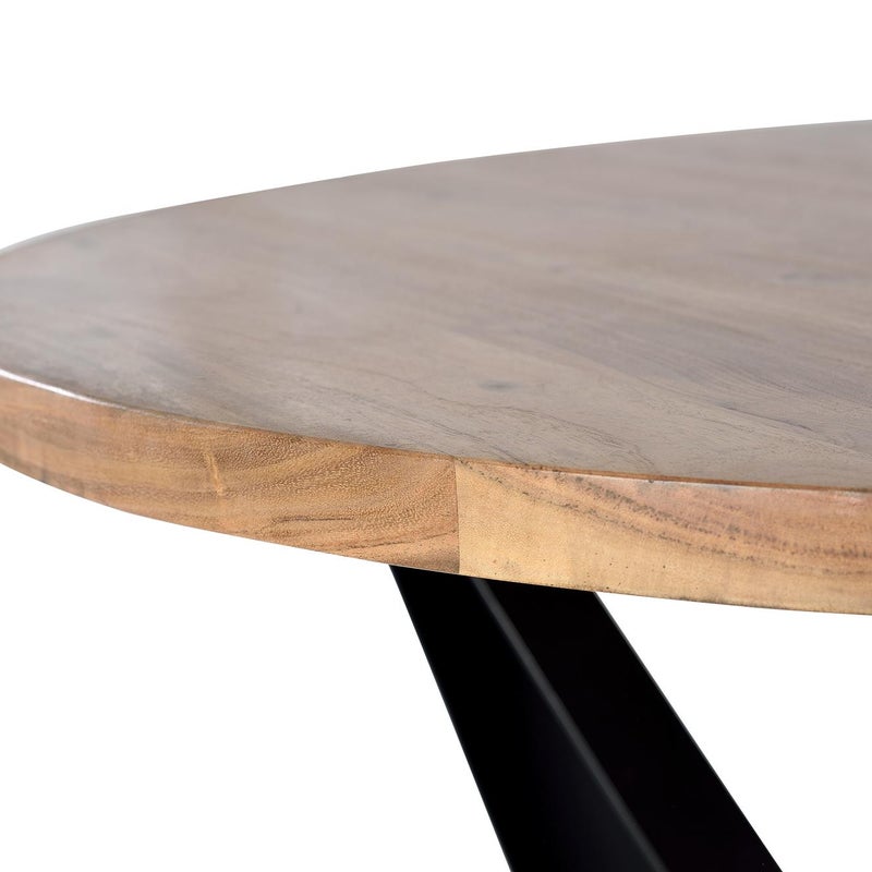 Stół żłobkowy z naturalnego drewna akacjowego i czarnymi metalowymi nogami